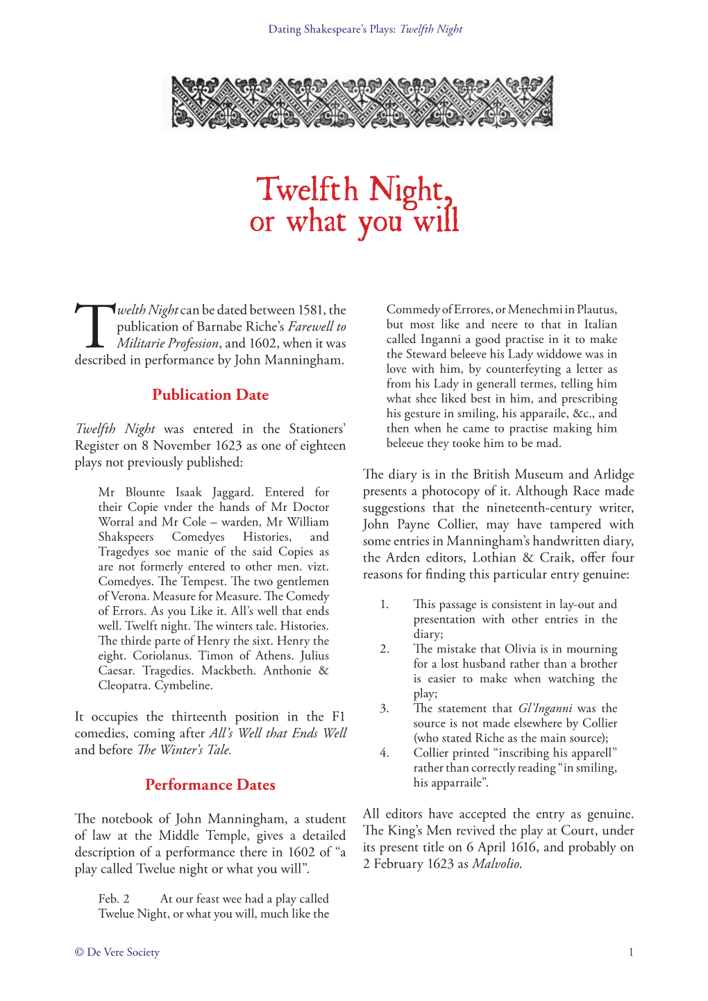 Twelfth Night, Or What You Will