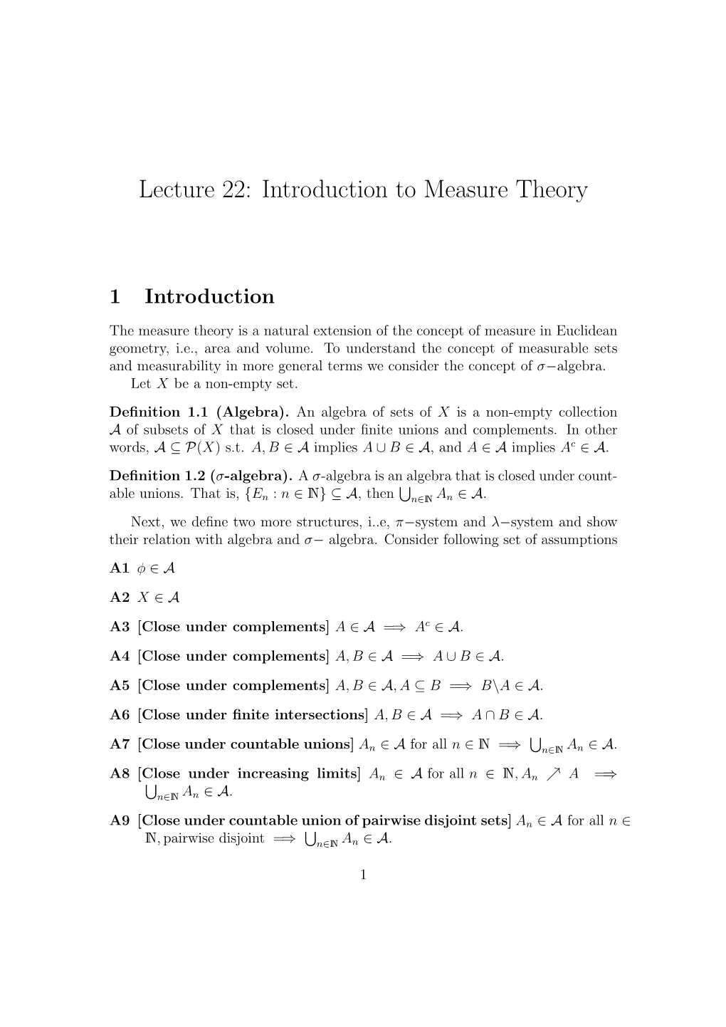 Lecture 22: Introduction to Measure Theory