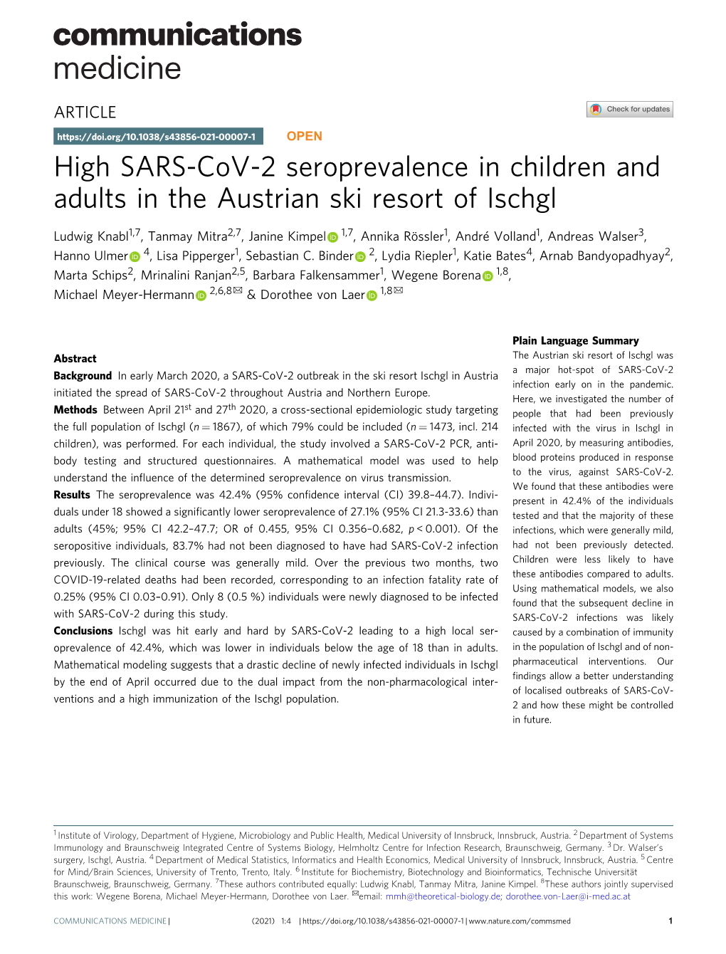 High SARS-Cov-2 Seroprevalence in Children and Adults in the Austrian Ski Resort of Ischgl