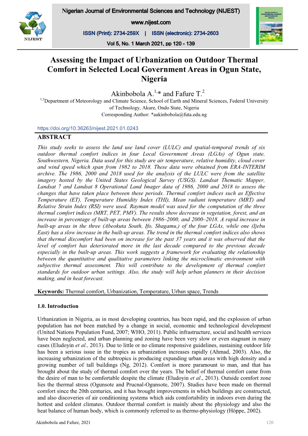 Assessing the Impact of Urbanization on Outdoor Thermal Comfort in Selected Local Government Areas in Ogun State, Nigeria