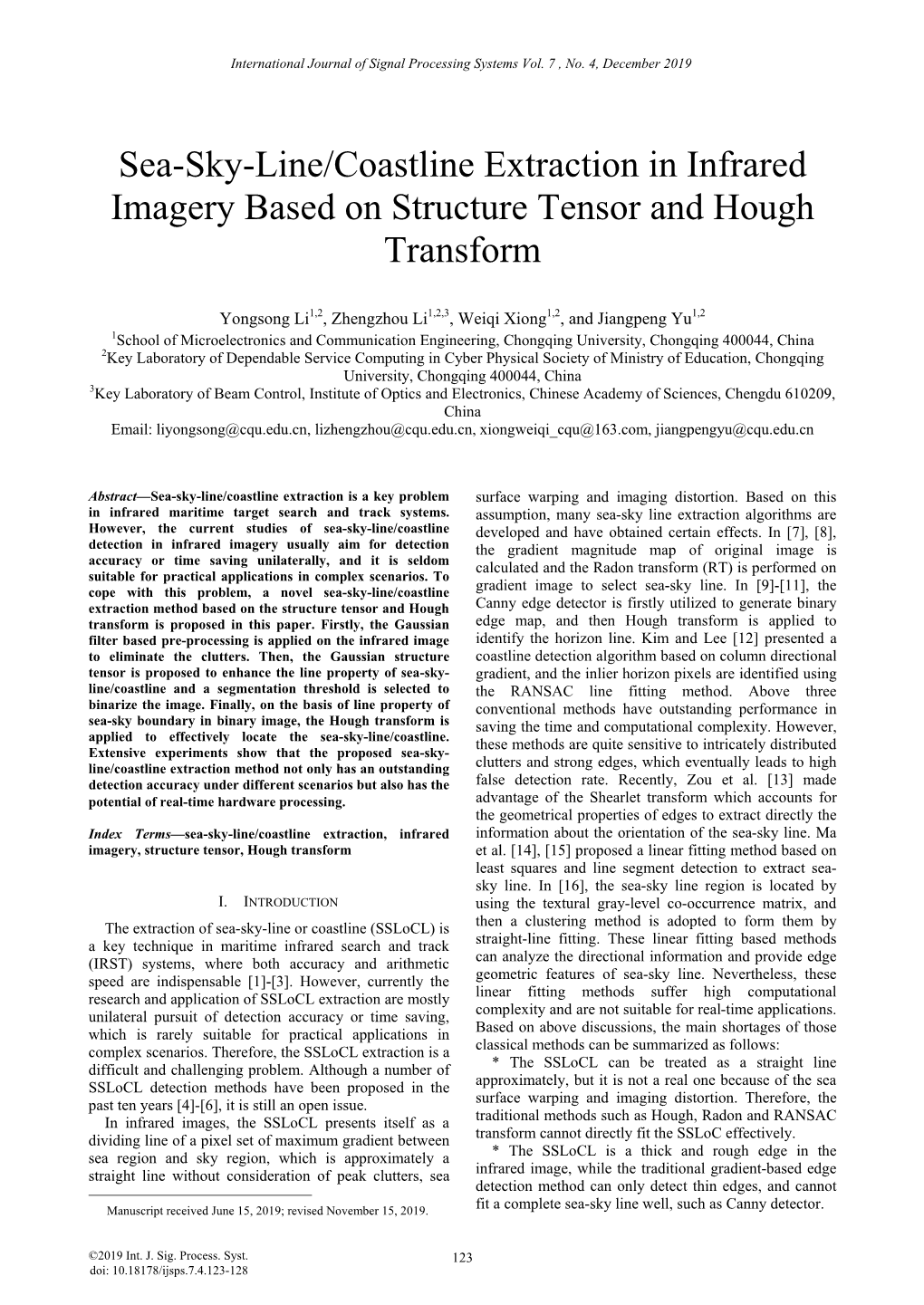 Sea-Sky-Line/Coastline Extraction in Infrared Imagery Based on Structure Tensor and Hough Transform