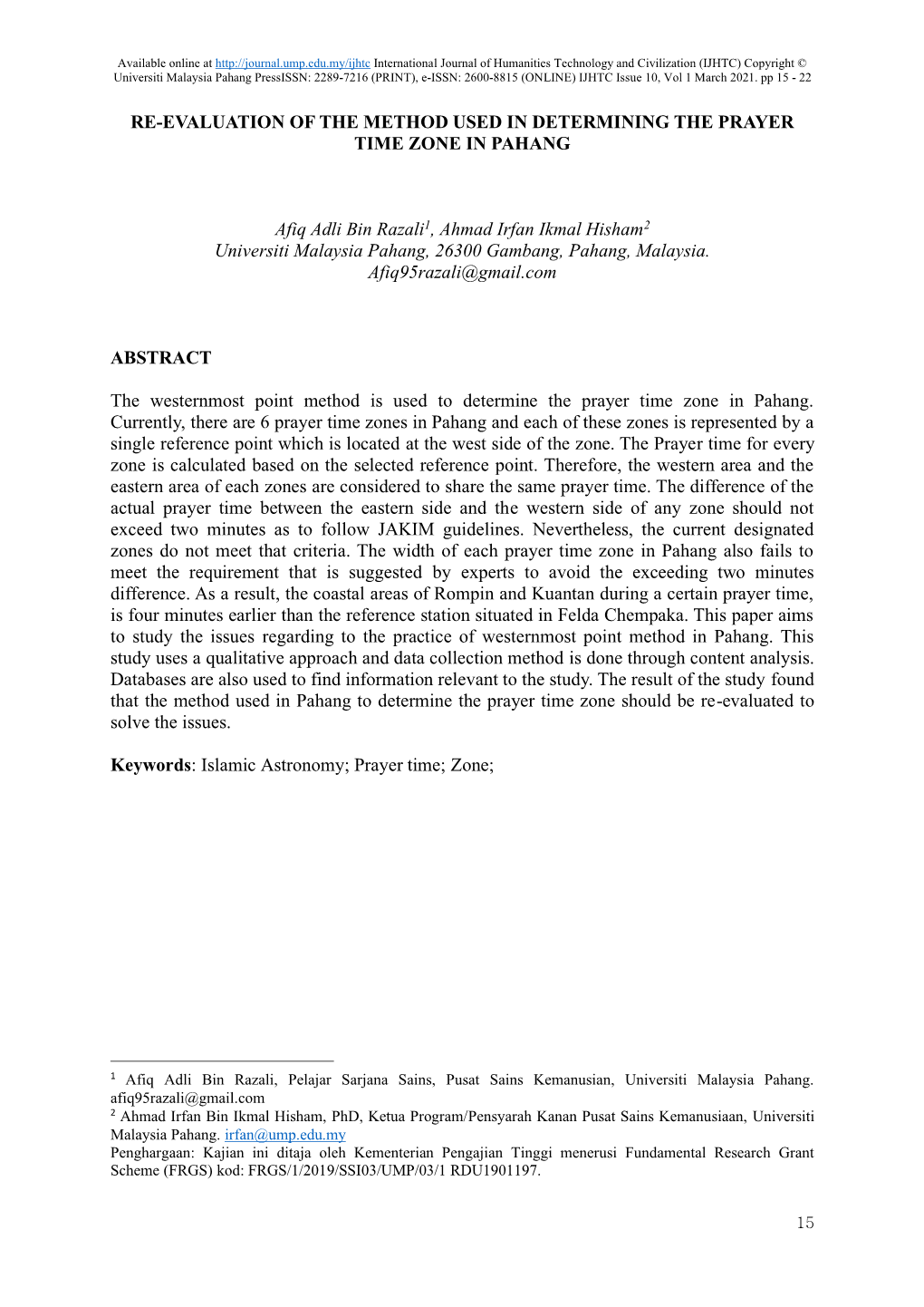 Re-Evaluation of the Method Used in Determining the Prayer Time Zone in Pahang