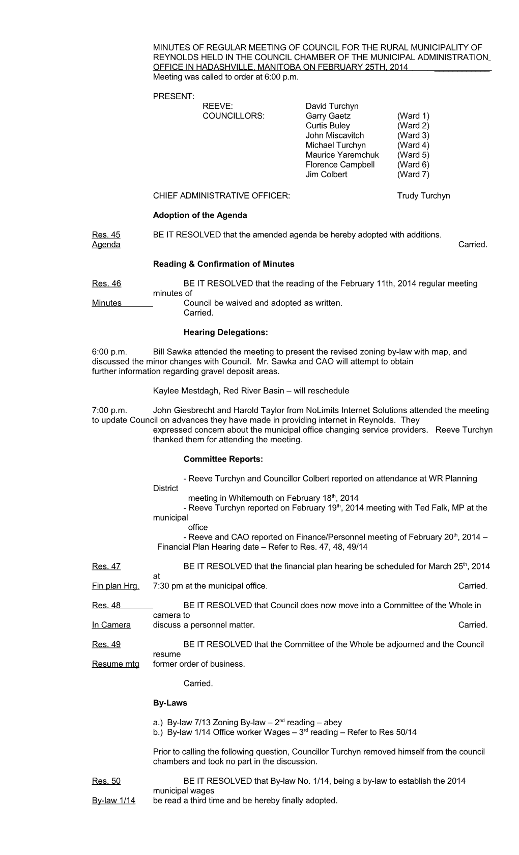 Minutes of Regular Meeting of Council for the Rural Municipality of Reynolds Held in The s3