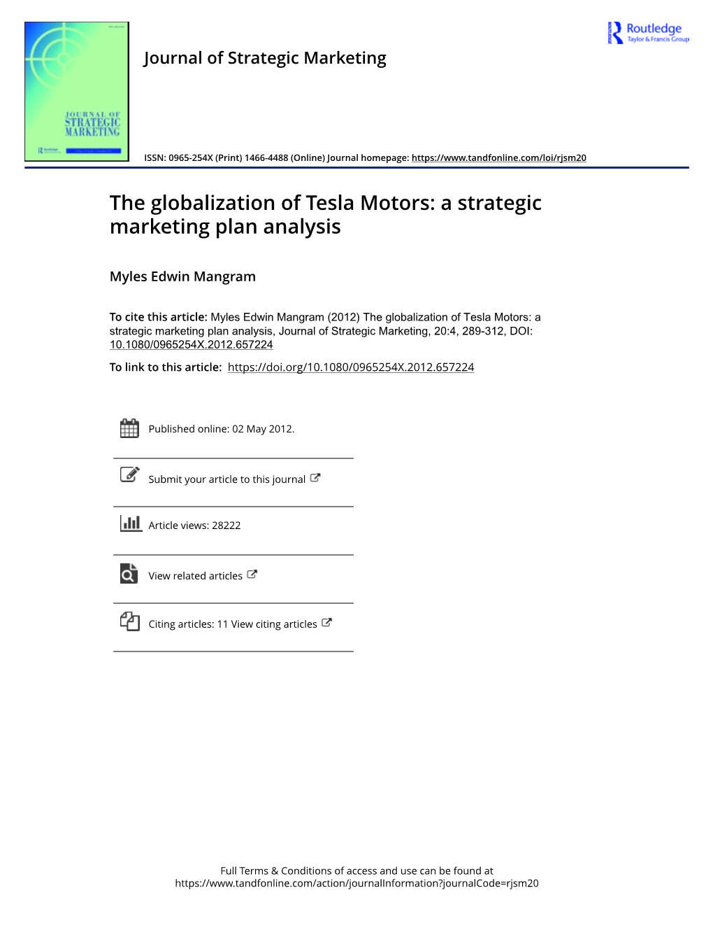 The Globalization of Tesla Motors: a Strategic Marketing Plan Analysis