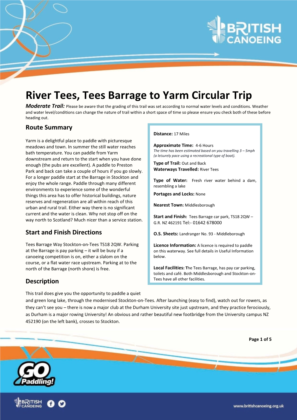 River Tees, Tees Barrage to Yarm Circular Trip Moderate Trail: Please Be Aware That the Grading of This Trail Was Set According to Normal Water Levels and Conditions