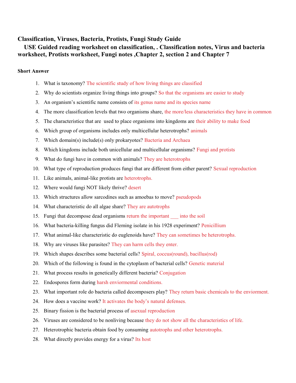 Classification, Viruses, Bacteria, Protists, Fungi Study Guide