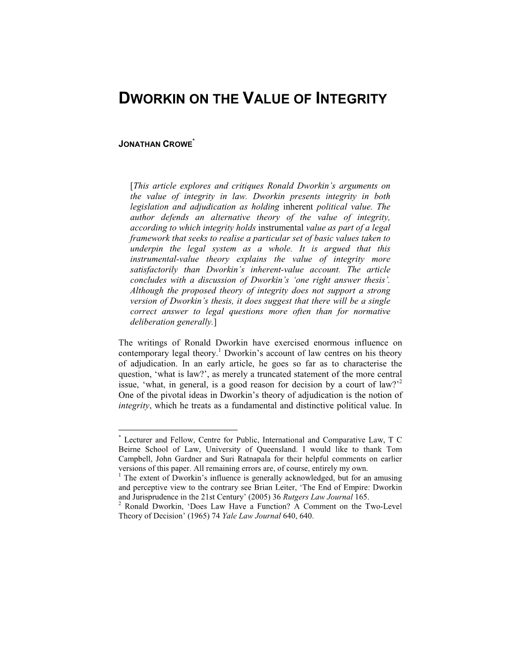 Dworkin on the Value of Integrity