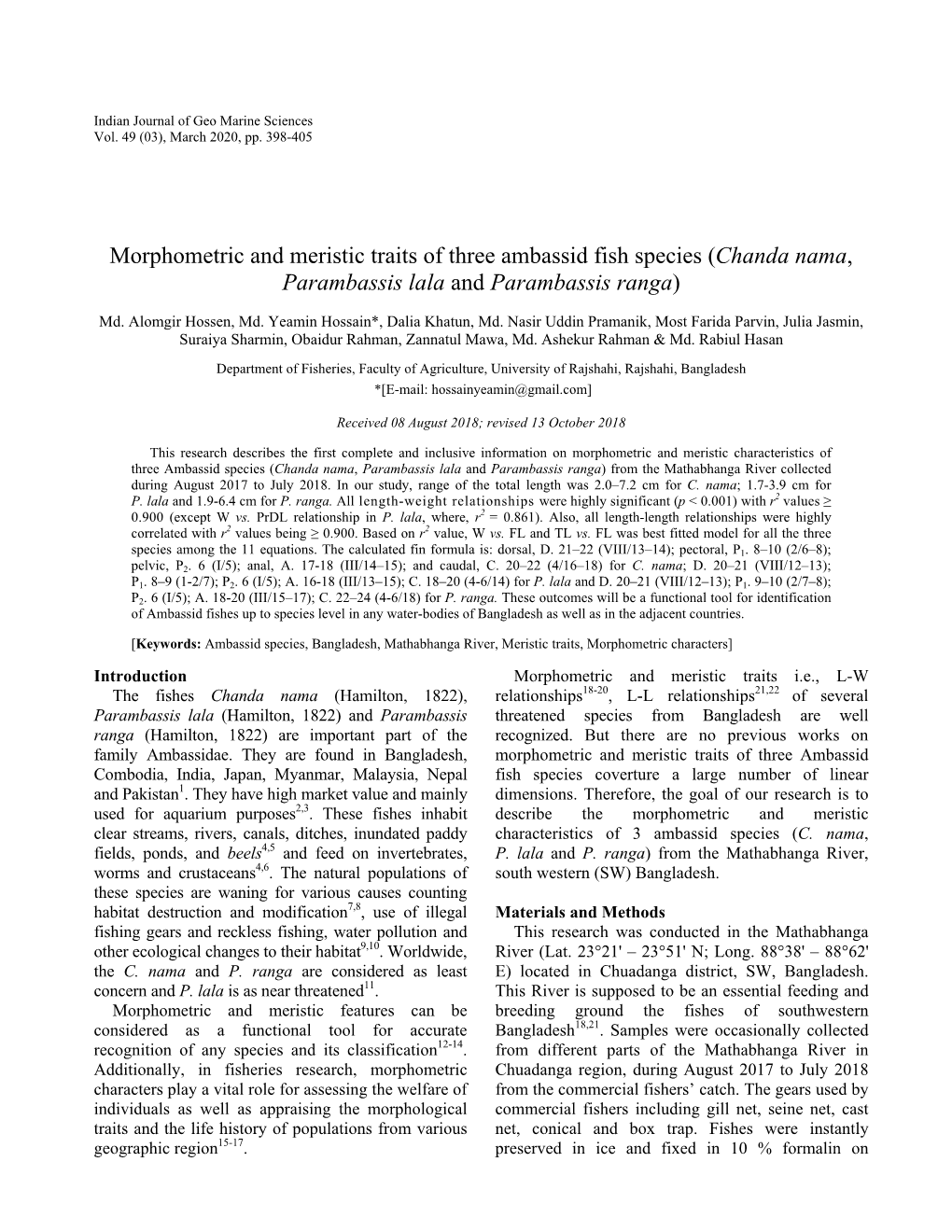 Morphometric and Meristic Traits of Three Ambassid Fish Species (Chanda Nama, Parambassis Lala and Parambassis Ranga)