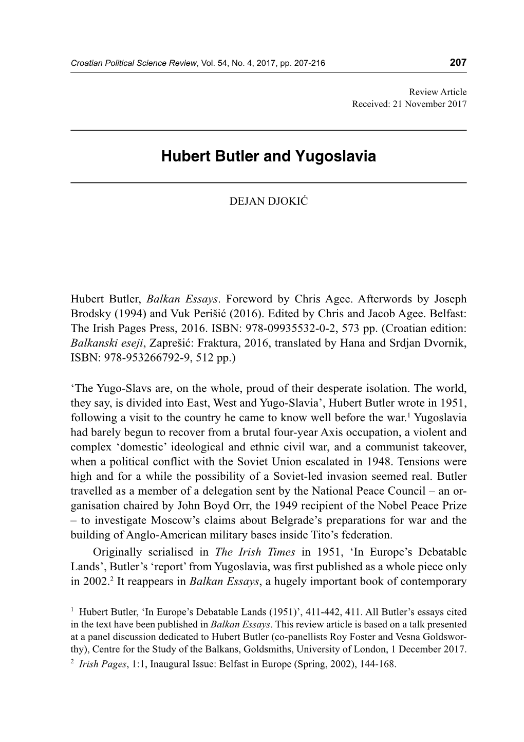 Hubert Butler and Yugoslavia