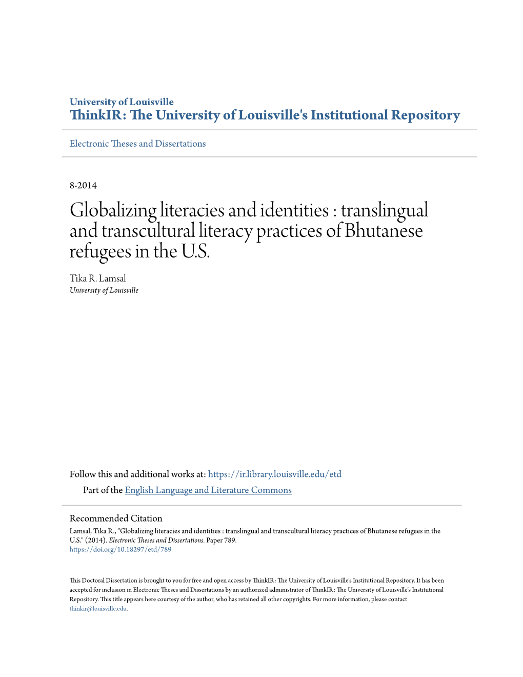 Translingual and Transcultural Literacy Practices of Bhutanese Refugees in the U.S
