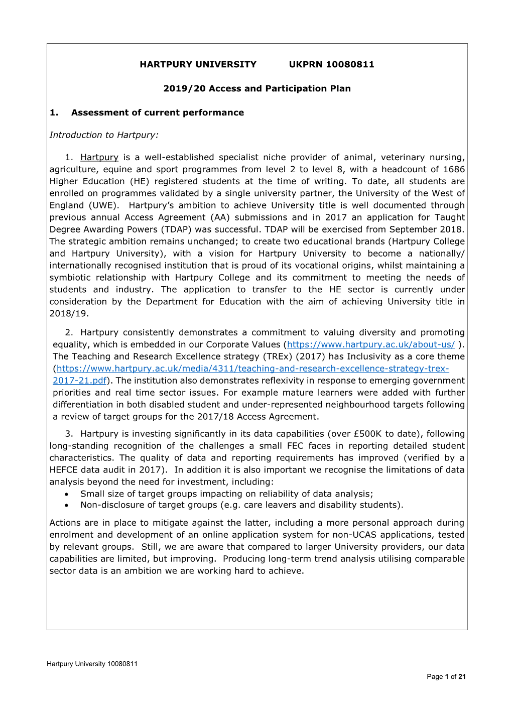 Hartpury University Access and Participation Plan 2019-2020 Pdf Document