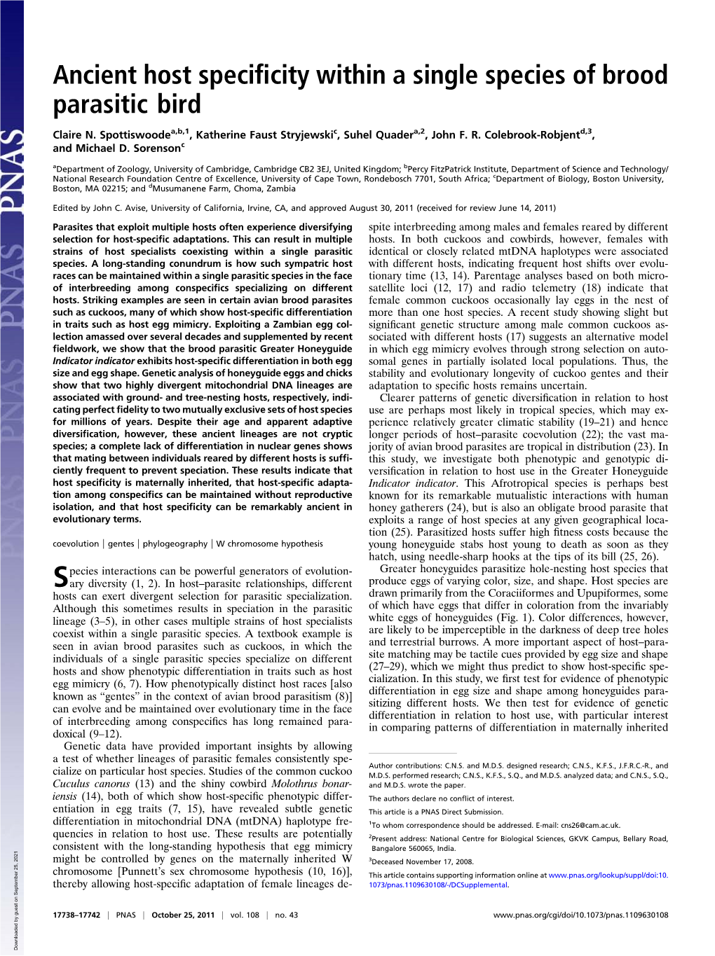 Ancient Host Specificity Within a Single Species of Brood Parasitic Bird