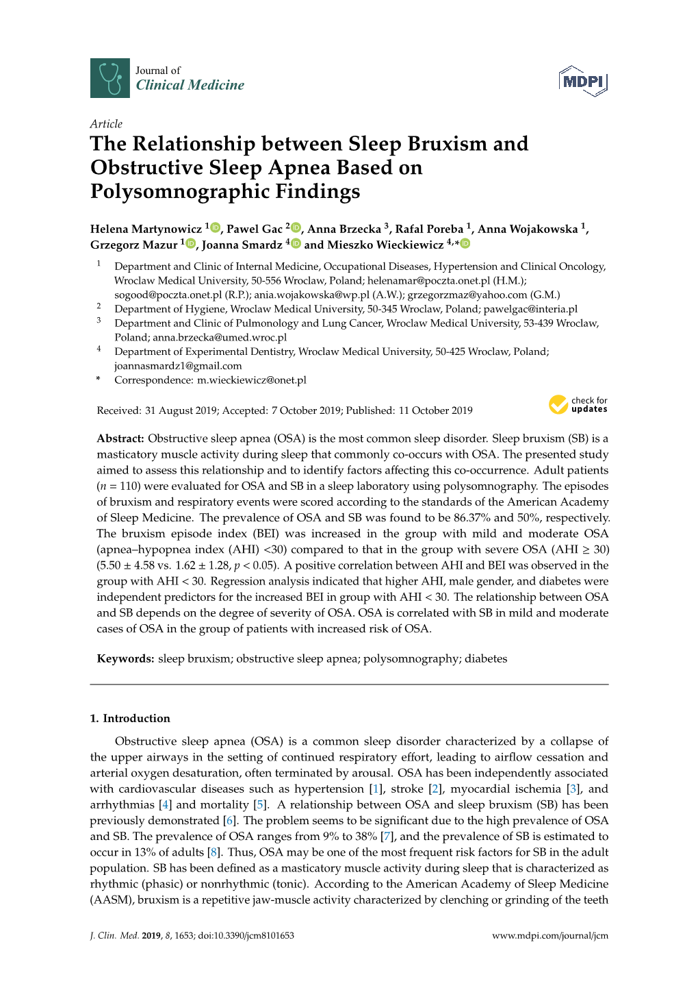 The Relationship Between Sleep Bruxism and Obstructive Sleep Apnea Based on Polysomnographic Findings