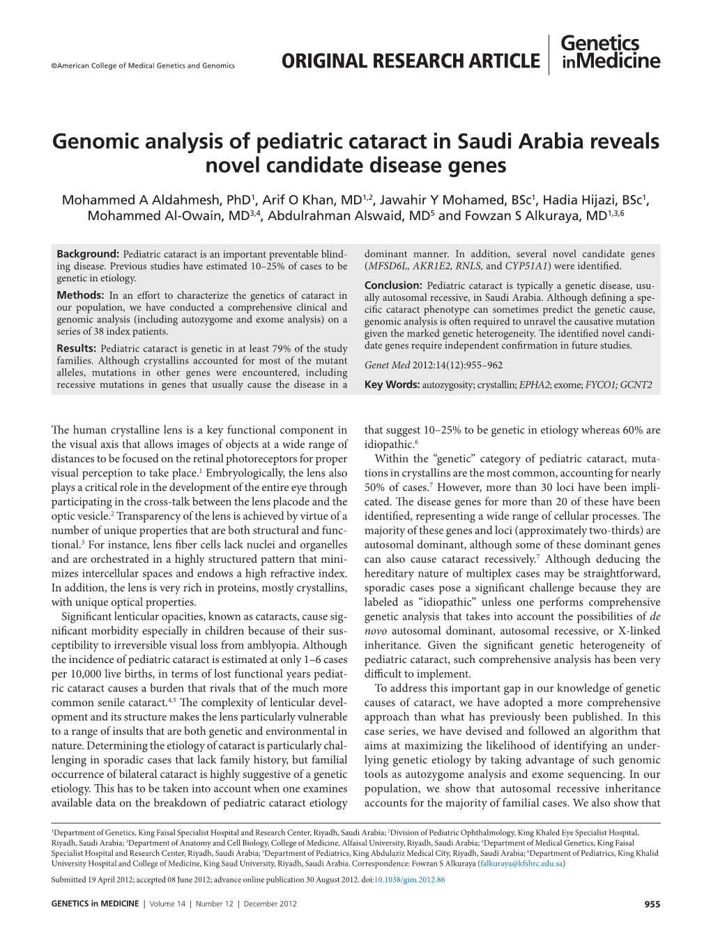 Genomic Analysis of Pediatric Cataract in Saudi Arabia Reveals Novel Candidate Disease Genes