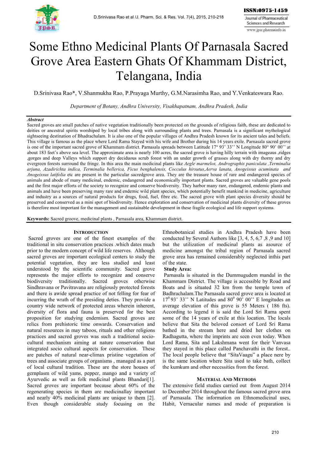 Some Ethno Medicinal Plants of Parnasala Sacred Grove Area Eastern Ghats of Khammam District, Telangana, India