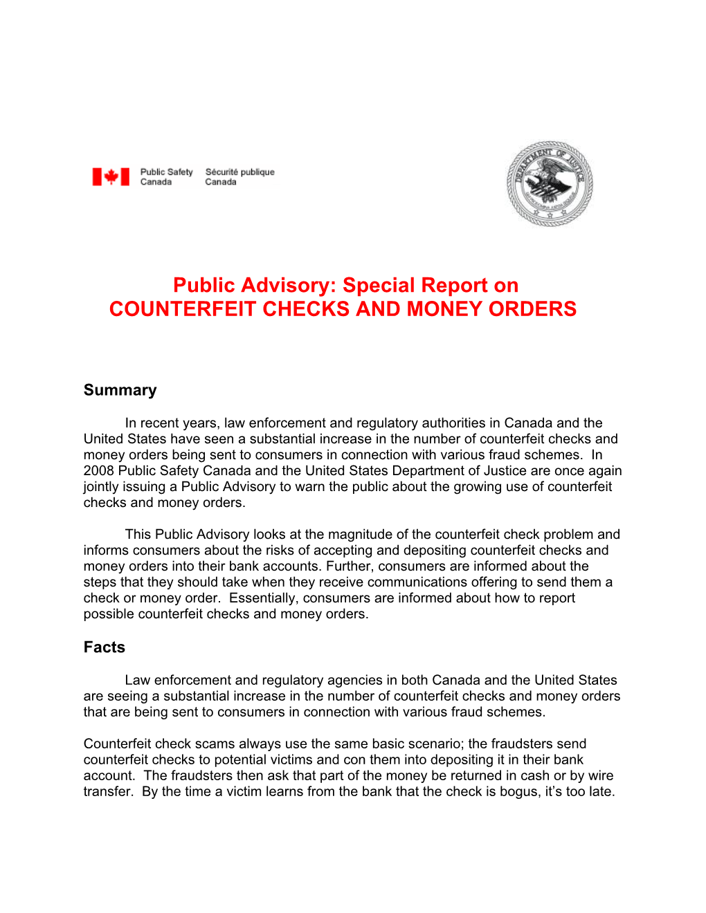 Public Advisory Counterfeit Checks