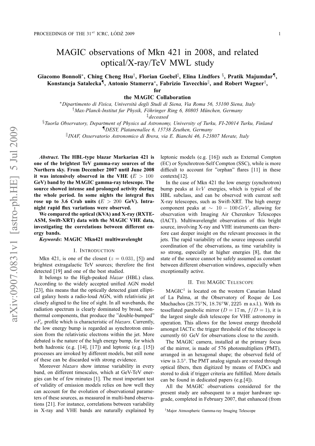 MAGIC Observations of Mkn 421 in 2008, and Related Optical/X-Ray/Tev MWL Study
