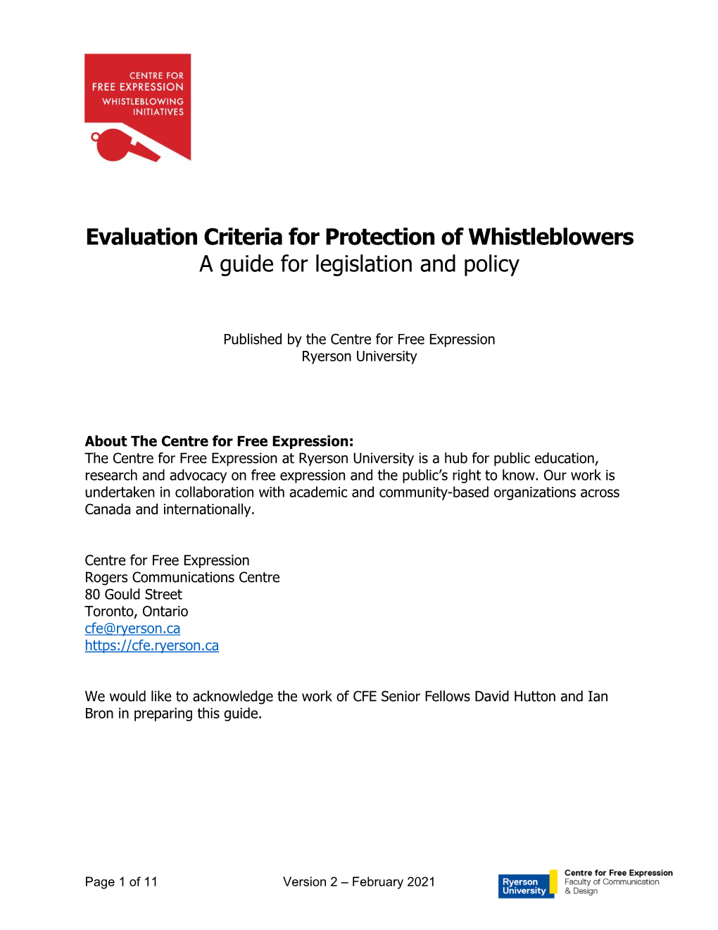 Evaluation Criteria for Protection of Whistleblowers a Guide for Legislation and Policy