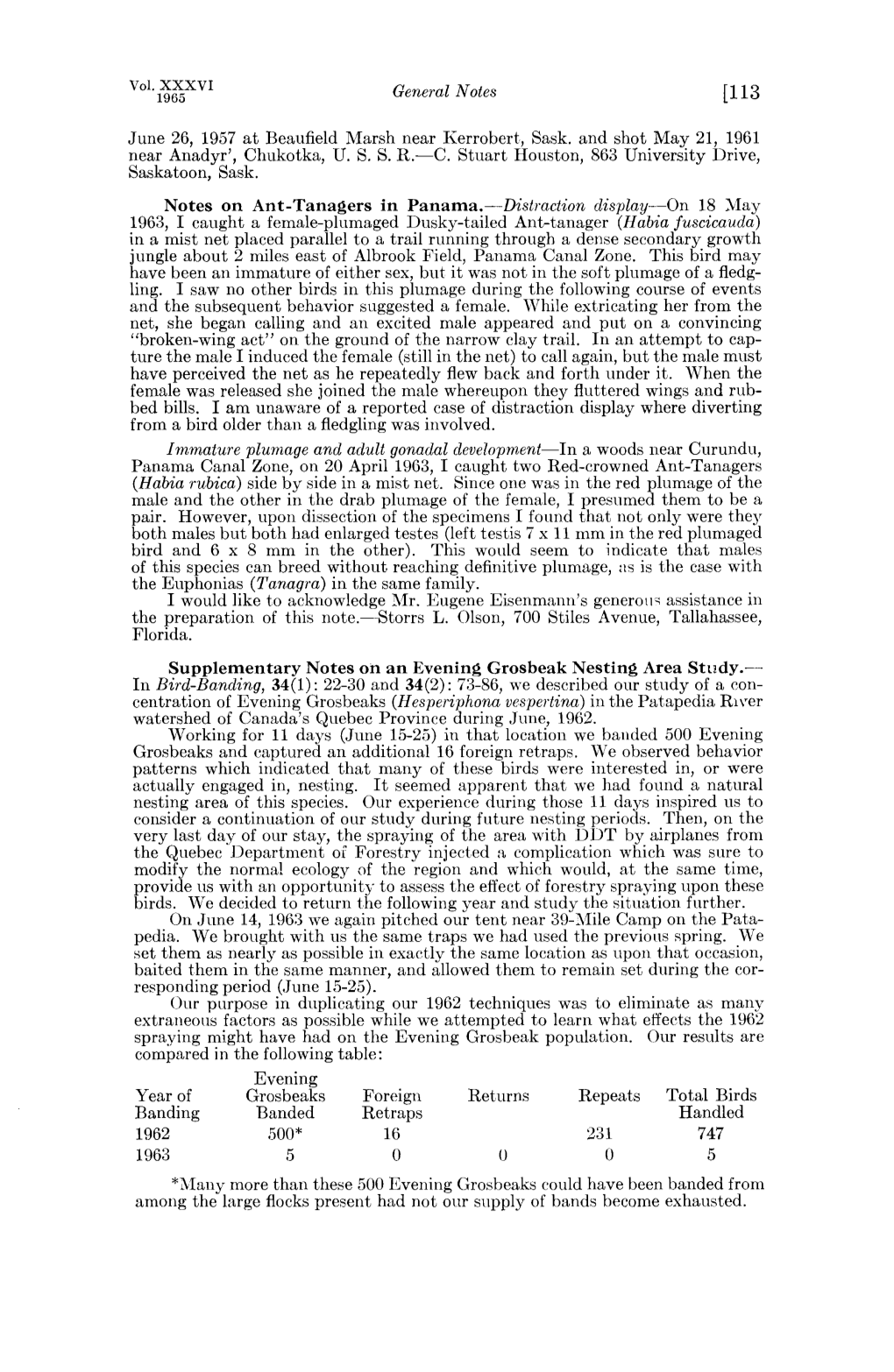 Supplementary Notes on an Evening Grosbeak Nesting Area Study