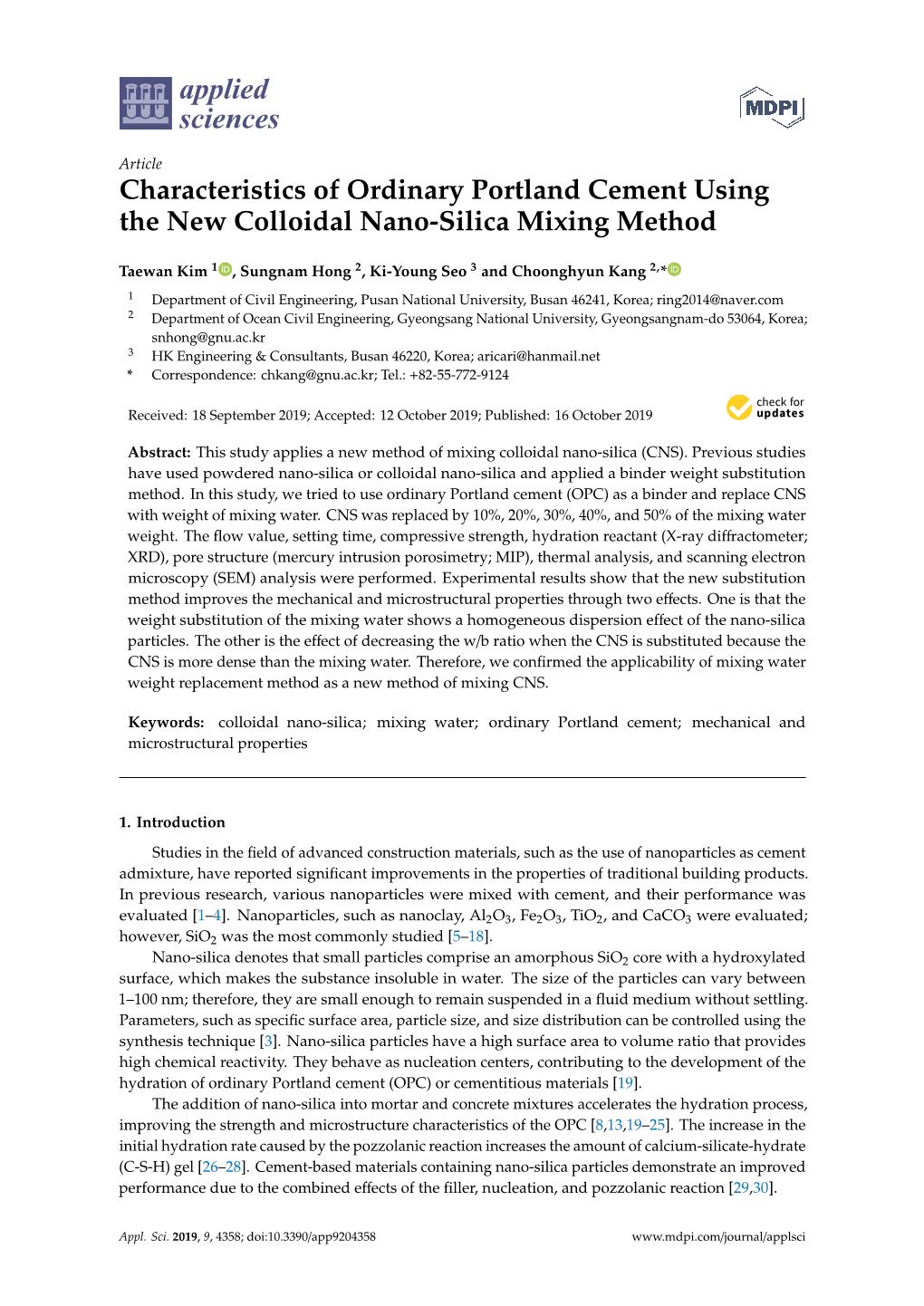 Characteristics of Ordinary Portland Cement Using the New Colloidal Nano-Silica Mixing Method