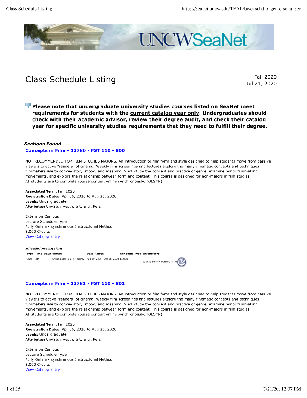 Class Schedule Listing