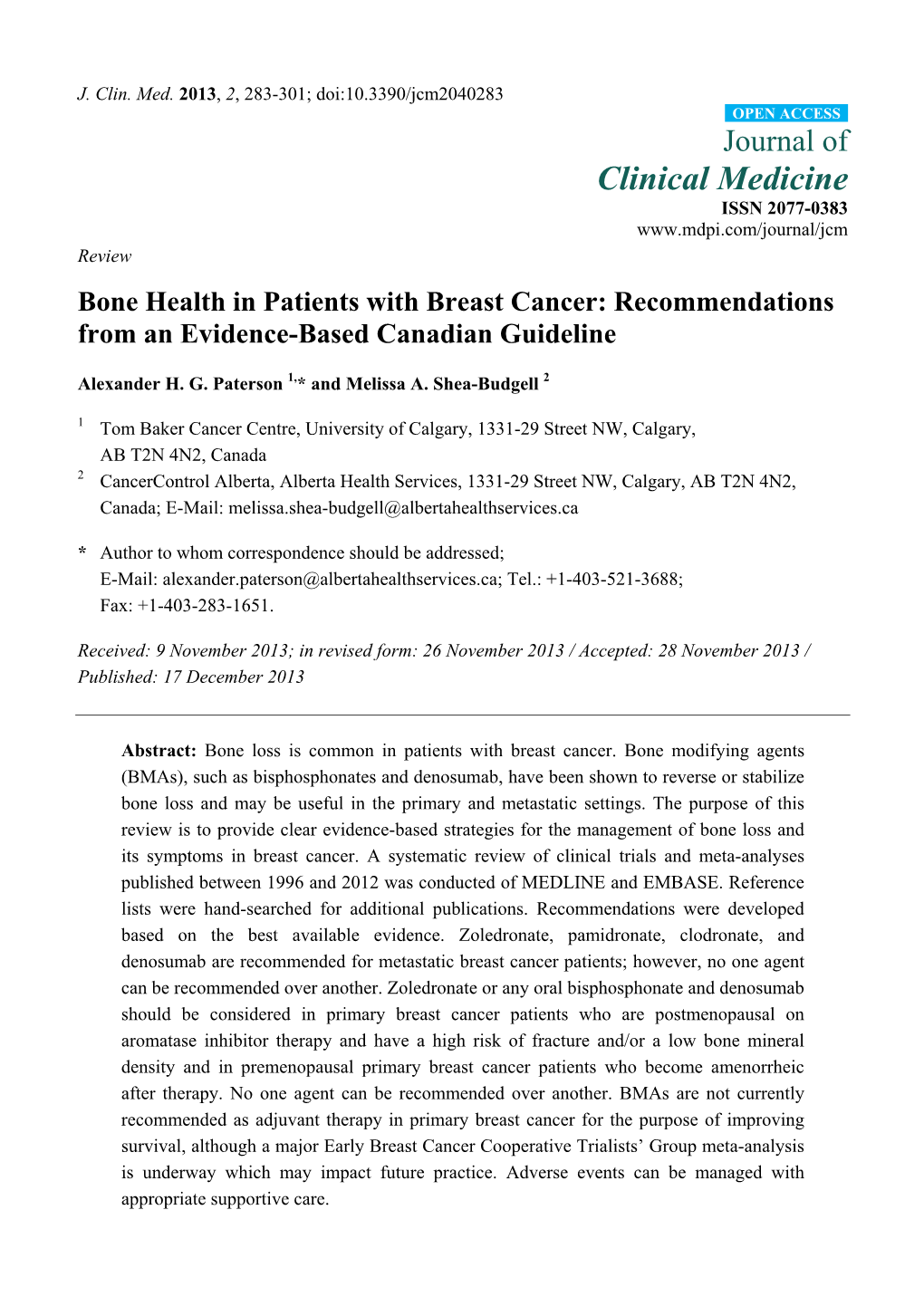 Bone Health in Patients with Breast Cancer: Recommendations from an Evidence-Based Canadian Guideline