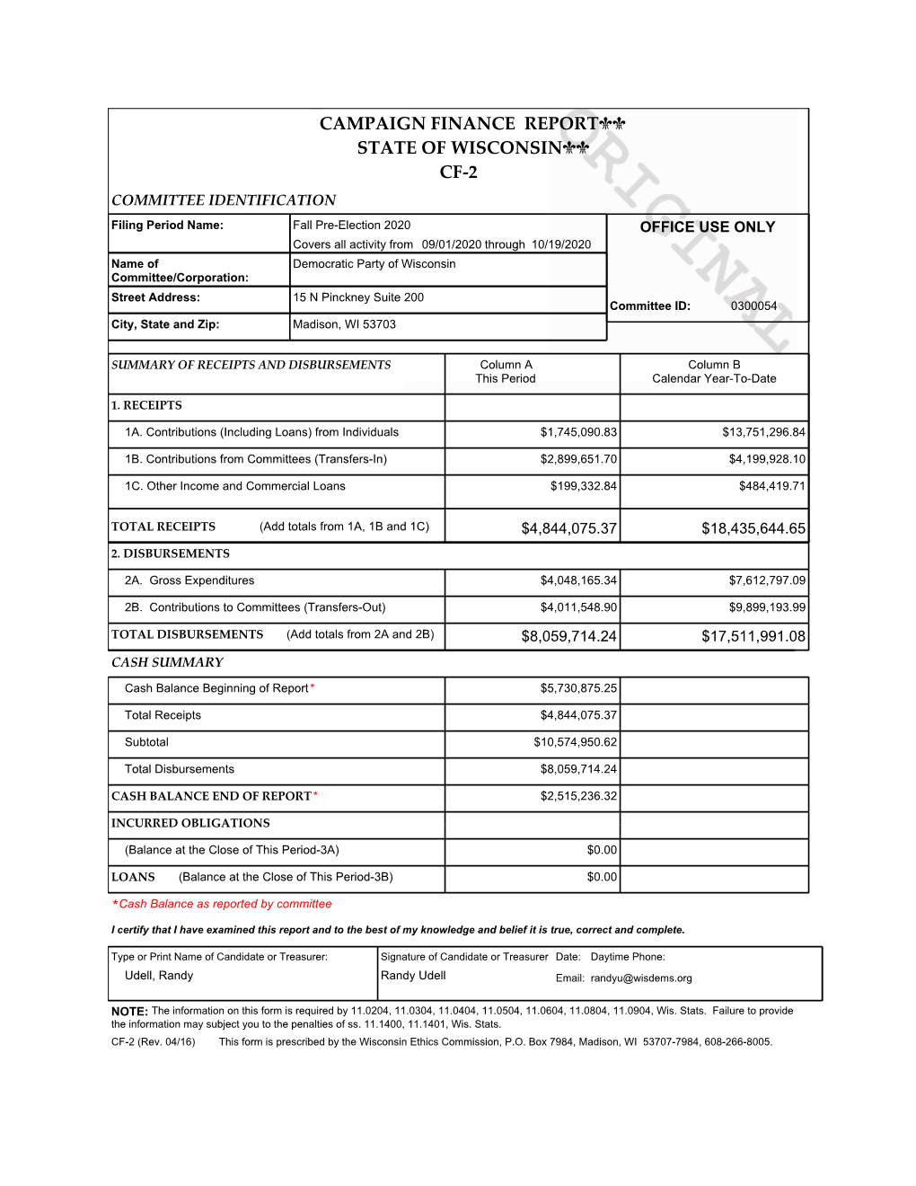 Campaign Finance Report State of Wisconsin Cf-2