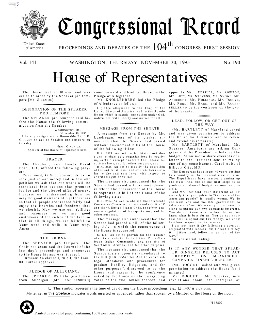 Congressional Record United States Th of America PROCEEDINGS and DEBATES of the 104 CONGRESS, FIRST SESSION