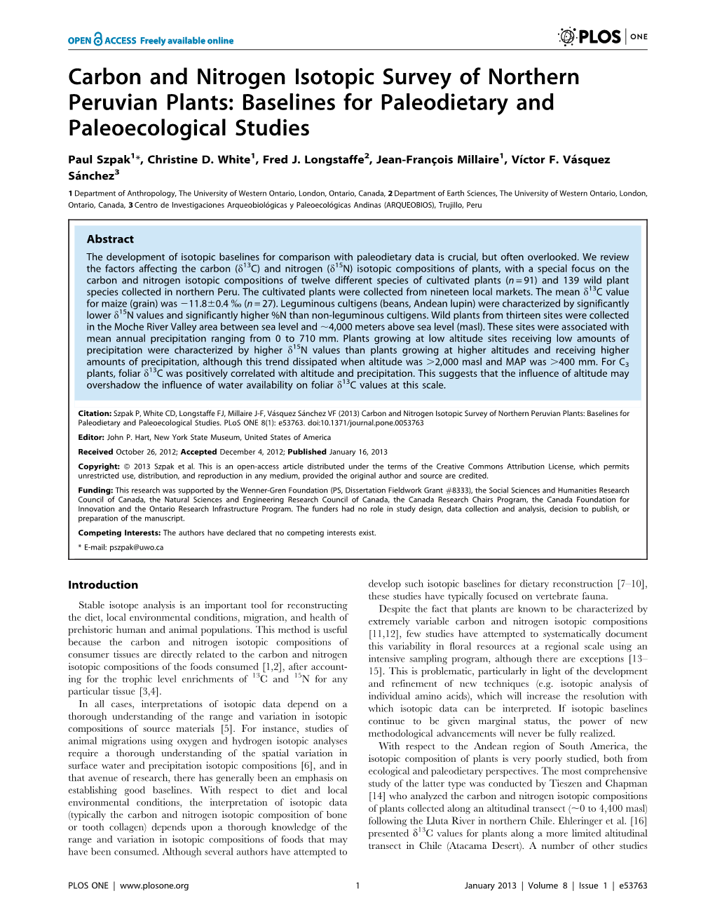 Carbon and Nitrogen Isotopic Survey of Northern Peruvian Plants: Baselines for Paleodietary and Paleoecological Studies