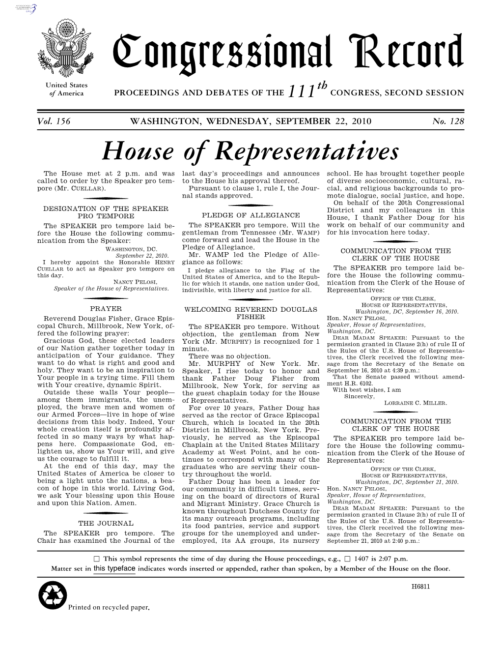 Congressional Record United States Th of America PROCEEDINGS and DEBATES of the 111 CONGRESS, SECOND SESSION