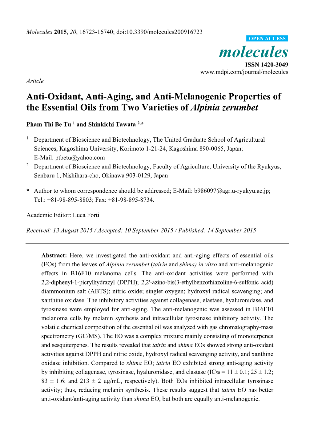 Anti-Oxidant, Anti-Aging, and Anti-Melanogenic Properties of the Essential Oils from Two Varieties of Alpinia Zerumbet