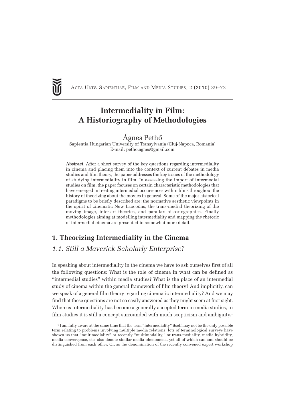 Intermediality in Film: a Historiography of Methodologies