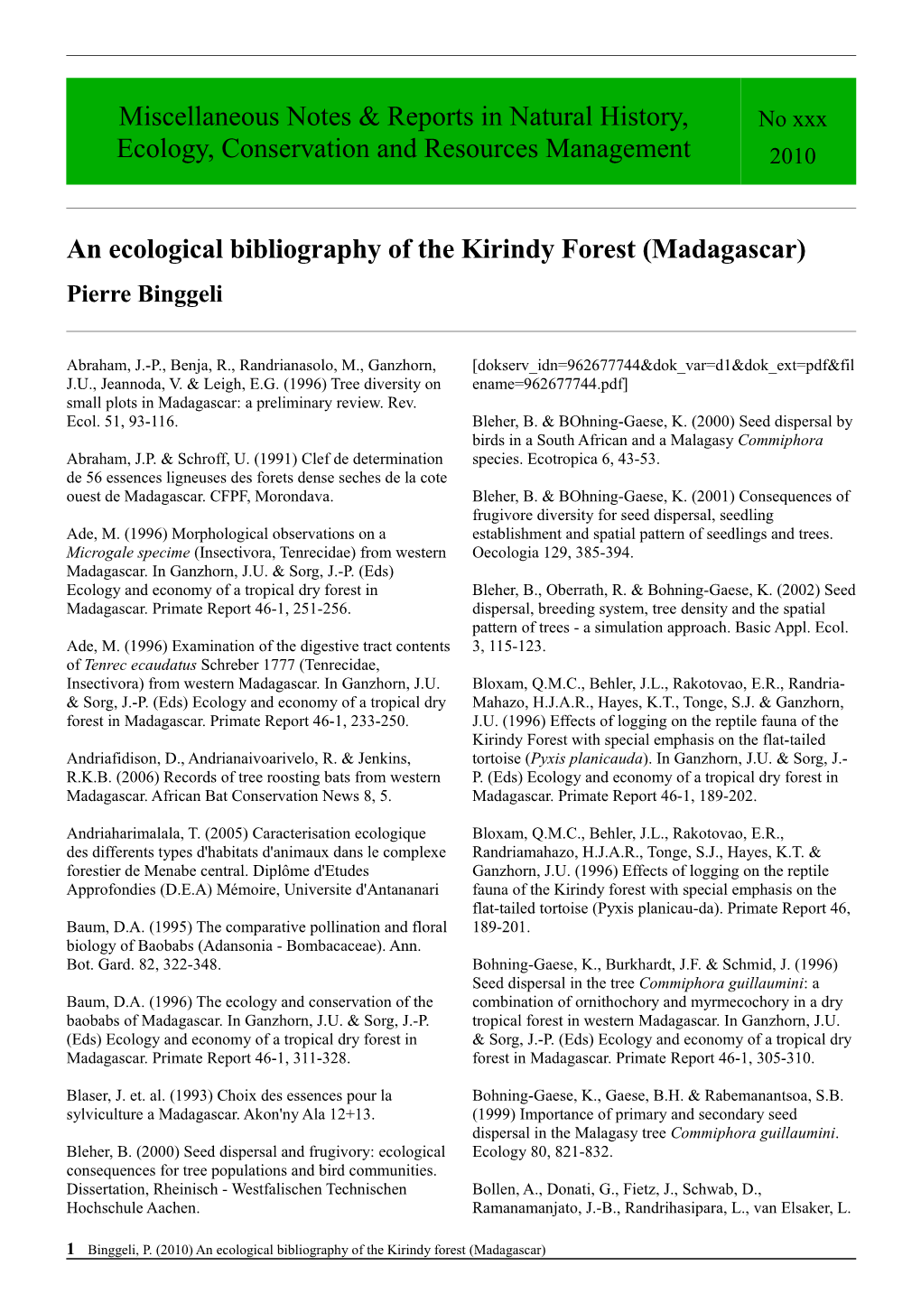 An Ecological Bibliography of the Kirindy Forest (Madagascar) Pierre Binggeli