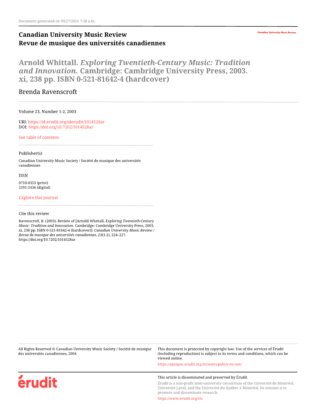 Arnold Whittall. Exploring Twentieth-Century Music: Tradition and Innovation