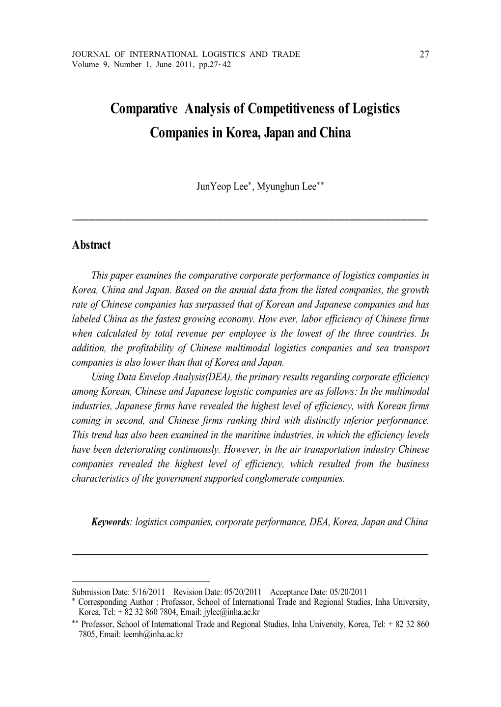 Comparative Analysis of Competitiveness of Logistics Companies in Korea, Japan and China