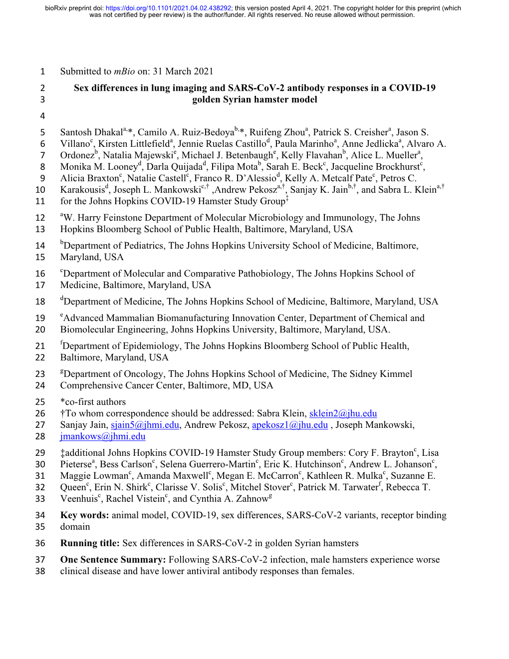 Sex Differences in Lung Imaging and SARS-Cov-2 Antibody Responses in a COVID-19 3 Golden Syrian Hamster Model 4 5 Santosh Dhakala,*, Camilo A