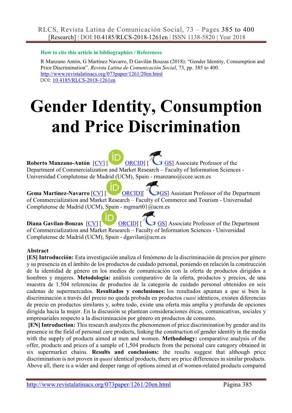 Gender Identity, Consumption and Price Discrimination”