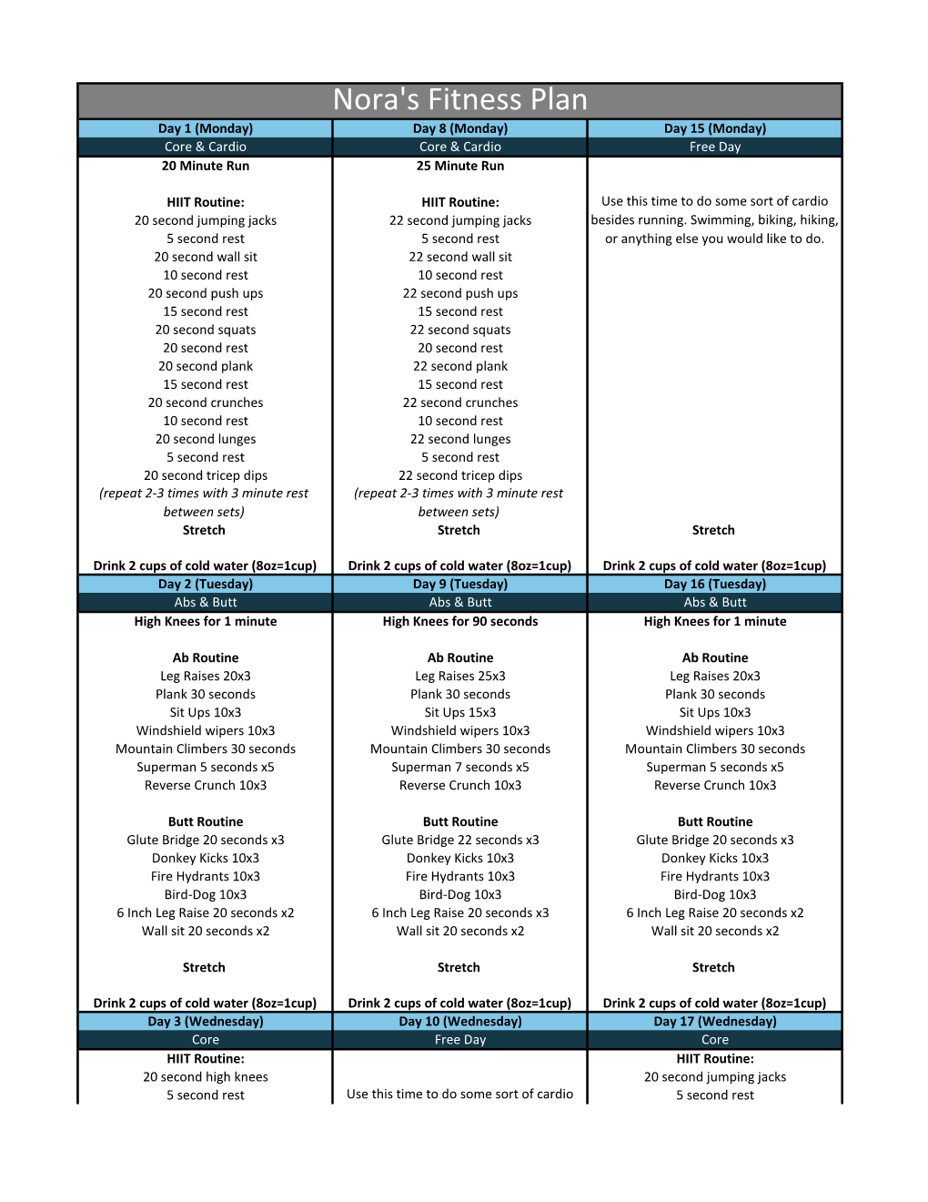 Nora's Fitness Plan Day 1 (Monday) Day 8 (Monday) Day 15 (Monday) Core & Cardio Core & Cardio Free Day 20 Minute Run 25 Minute Run