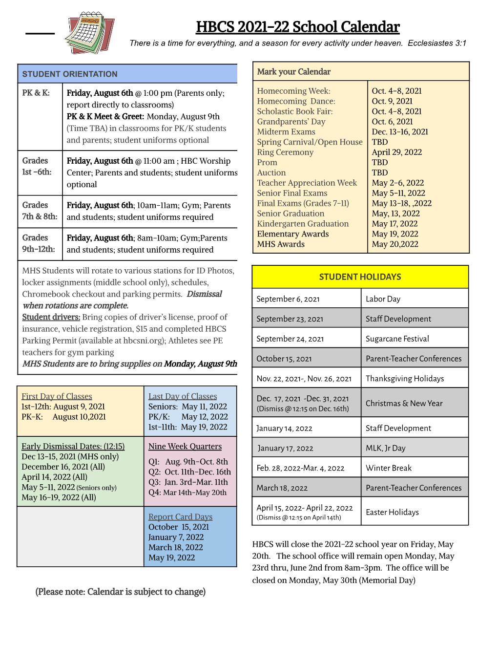 HBCS 2021-22 School Calendar: Waiting on Final Approval