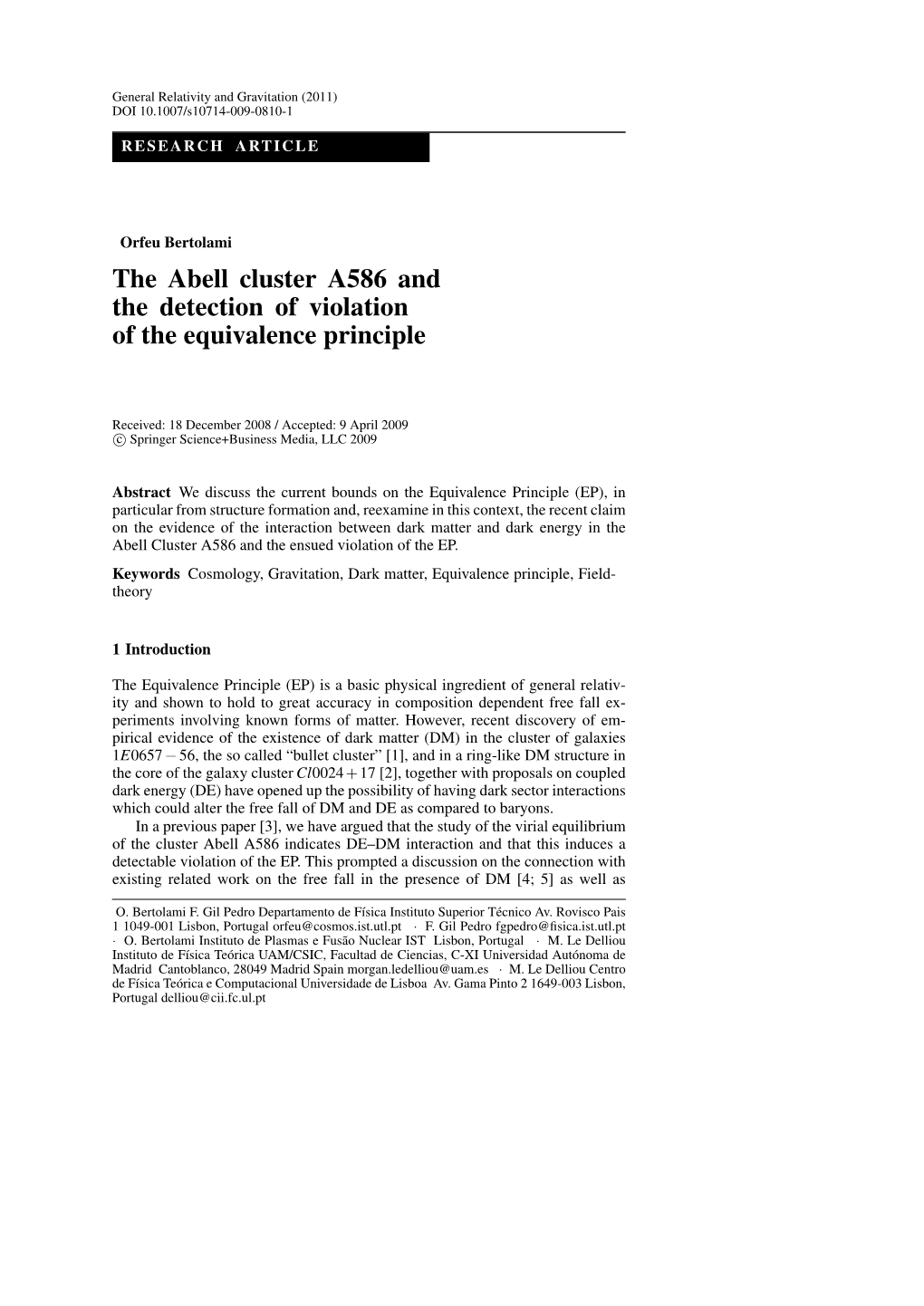 The Abell Cluster A586 and the Detection of Violation of the Equivalence Principle