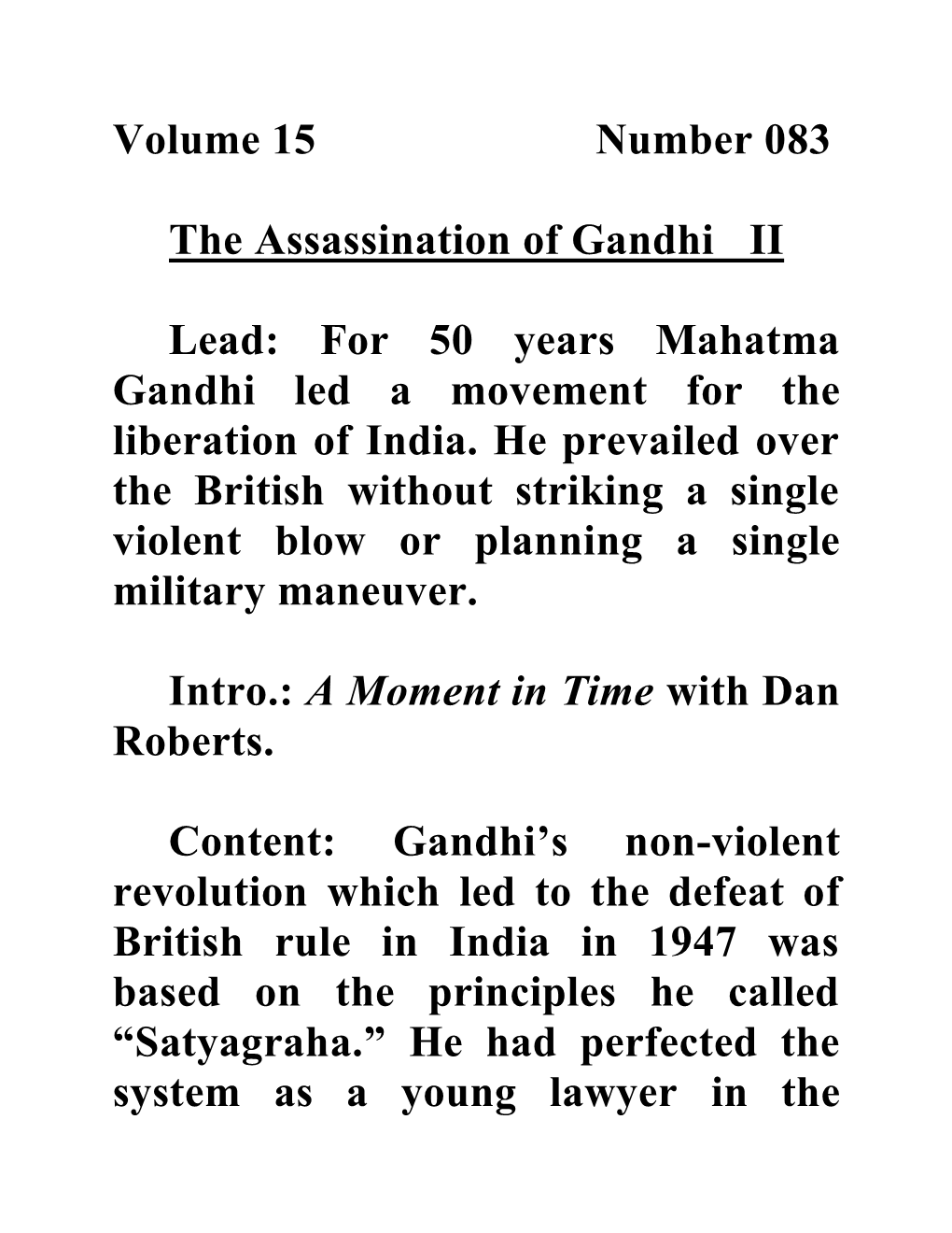 Volume 15 Number 083 the Assassination of Gandhi II Lead