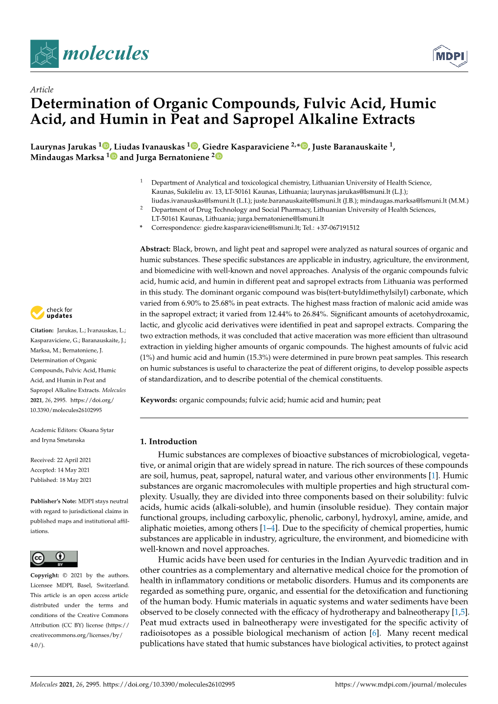 Determination of Organic Compounds, Fulvic Acid, Humic Acid, and Humin in Peat and Sapropel Alkaline Extracts