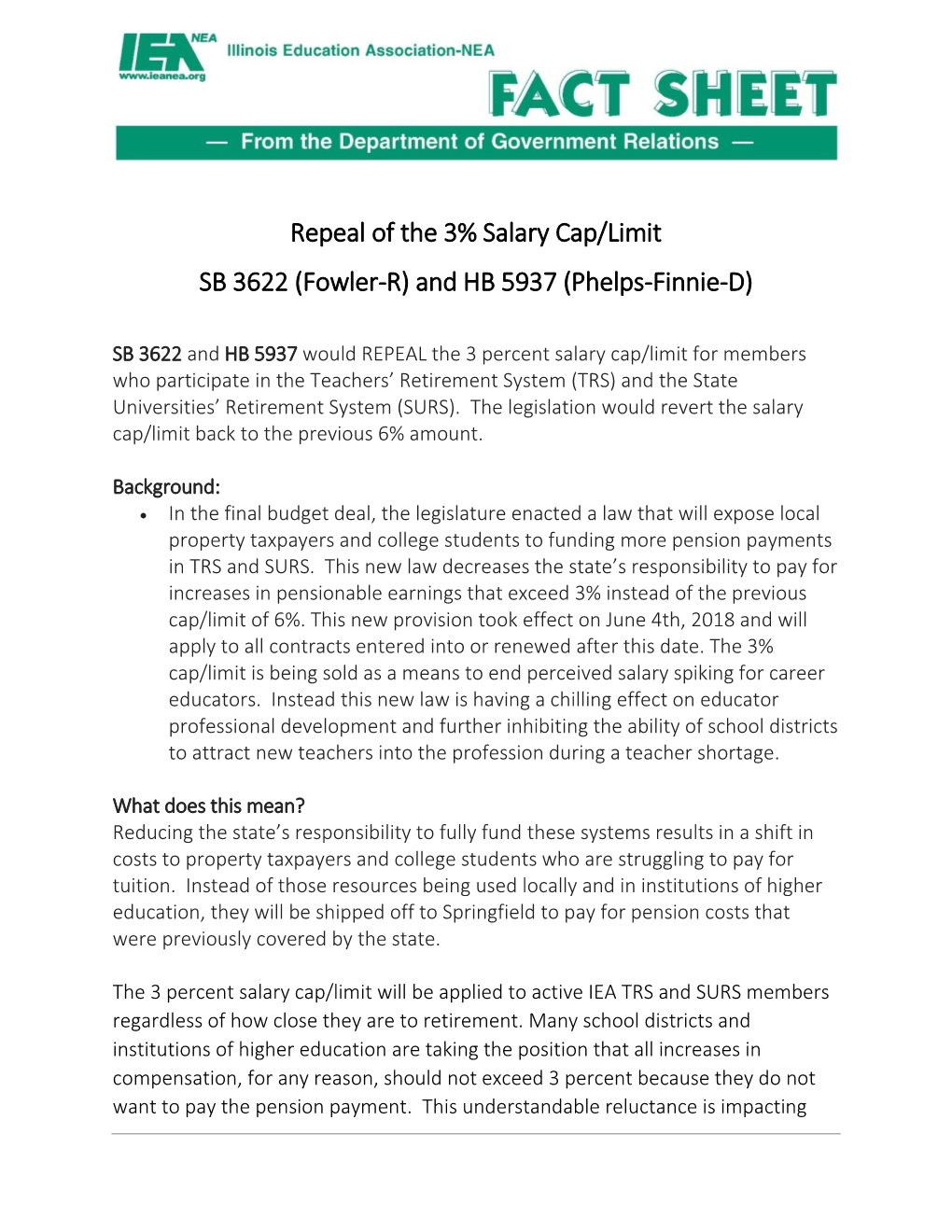 Repeal of the 3% Salary Cap/Limit SB 3622 (Fowler-R) and HB 5937