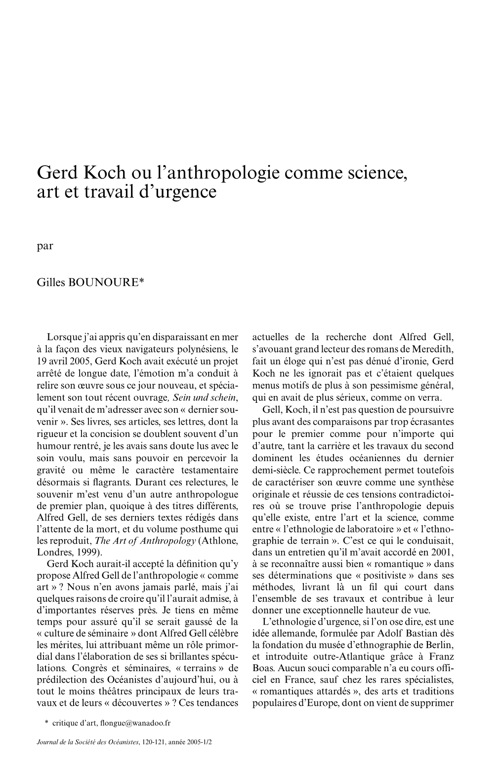 Gerd Koch Ou L'anthropologie Comme Science, Art Et Travail D'urgence