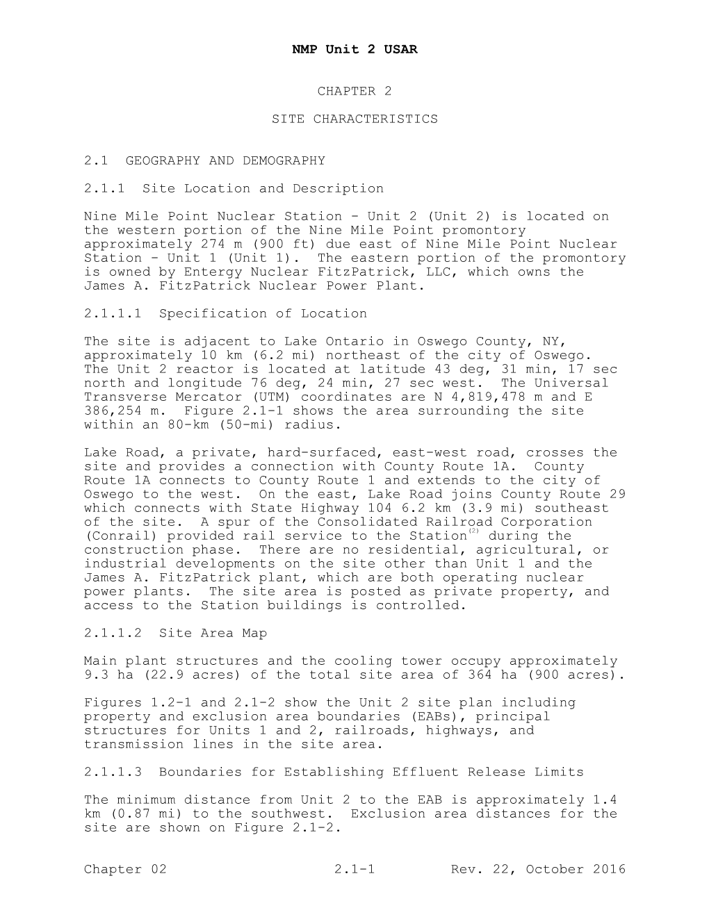 Nine Mile Point Nuclear Power Station, Unit 2, Revision 22 to Updated Safety Analysis Report, Chapter 2, Sections 2.1 Thru 2.4