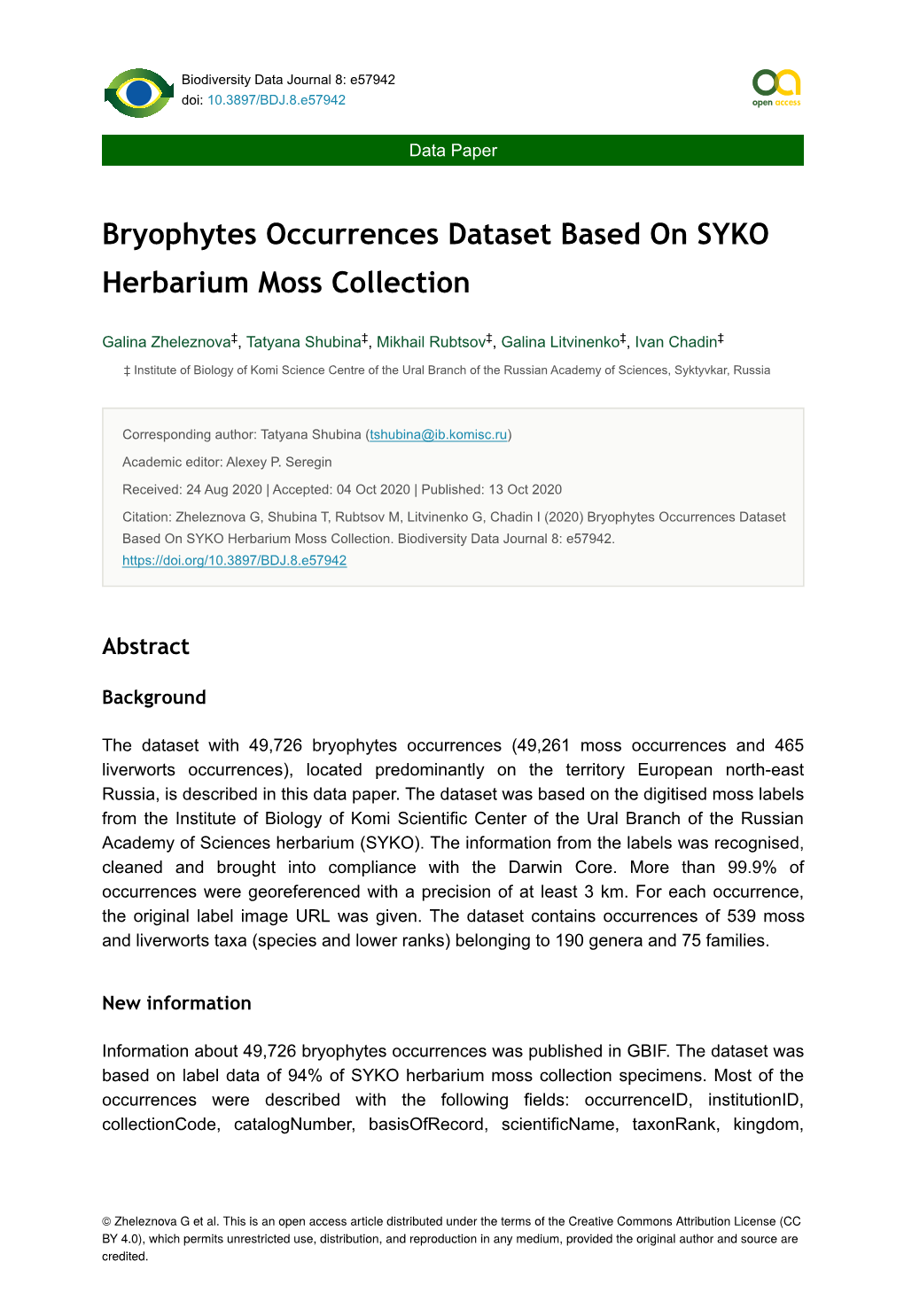 Bryophytes Occurrences Dataset Based on SYKO Herbarium Moss Collection