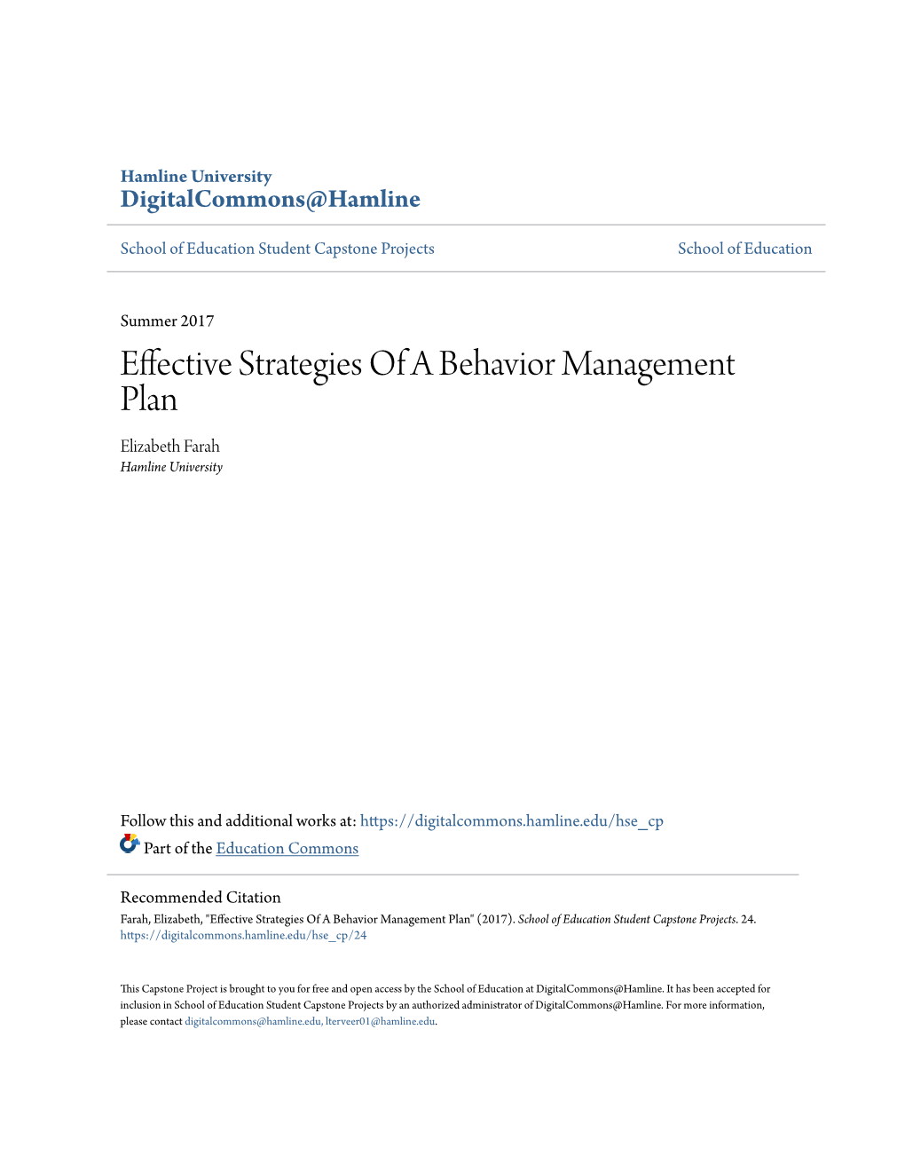 Effective Strategies of a Behavior Management Plan Elizabeth Farah Hamline University