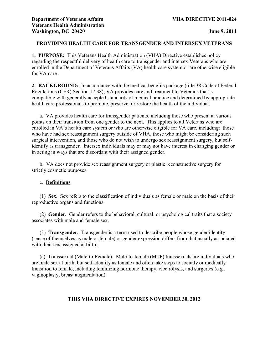 VHA Dir 2011-024, Providing Health Care for Transgender and Intersex