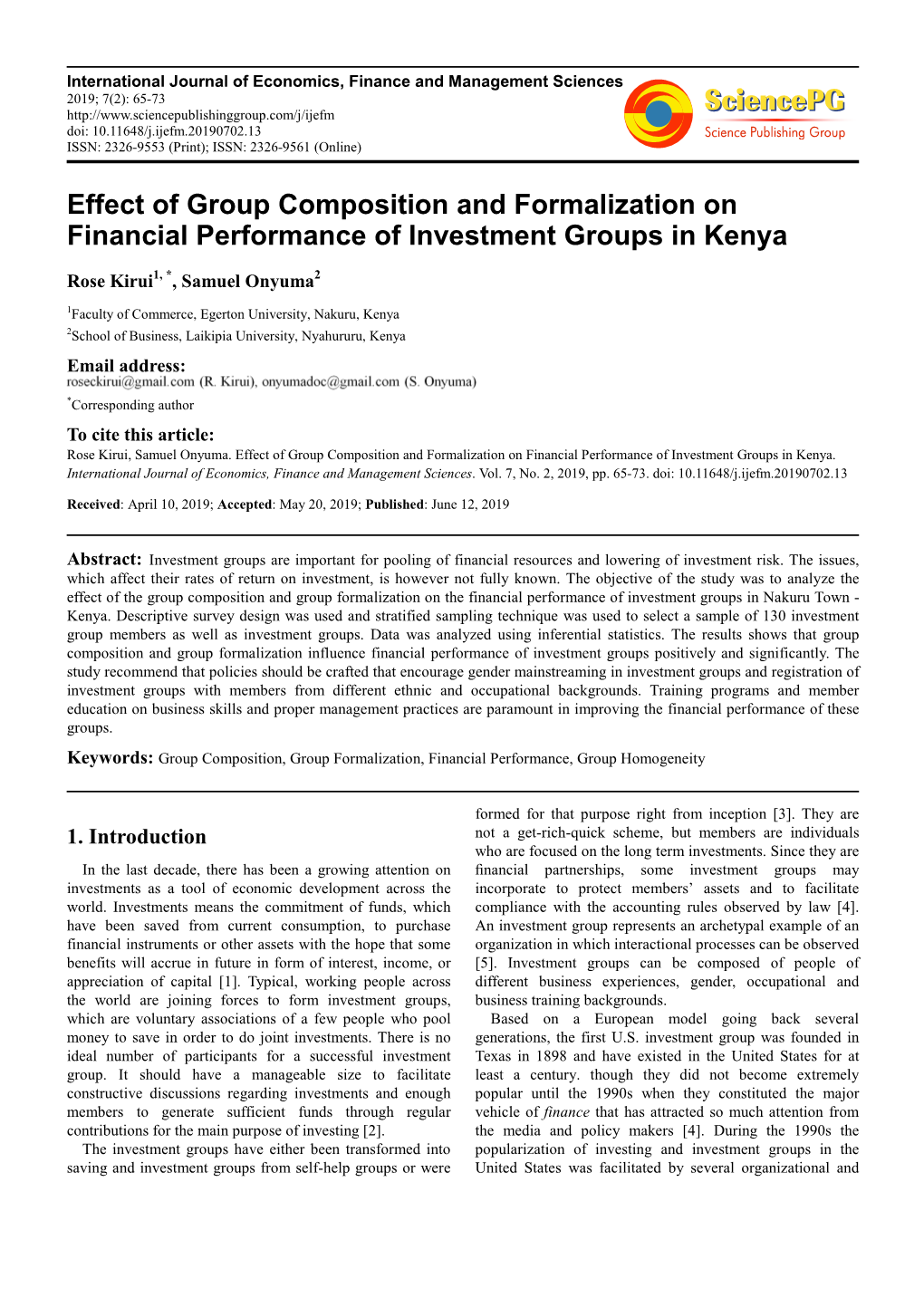 Effect of Group Composition and Formalization on Financial Performance of Investment Groups in Kenya