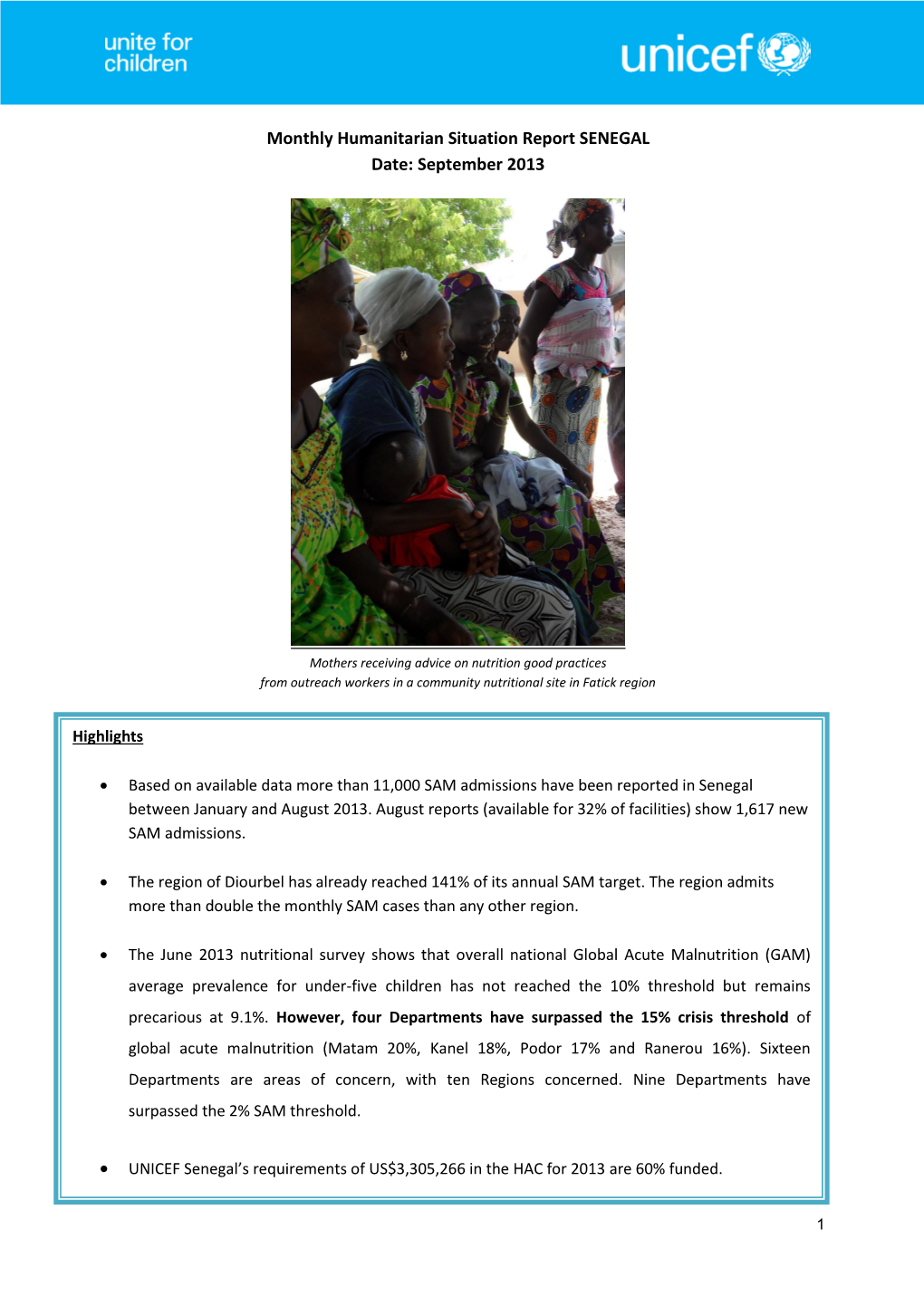 Monthly Humanitarian Situation Report SENEGAL Date: September 2013